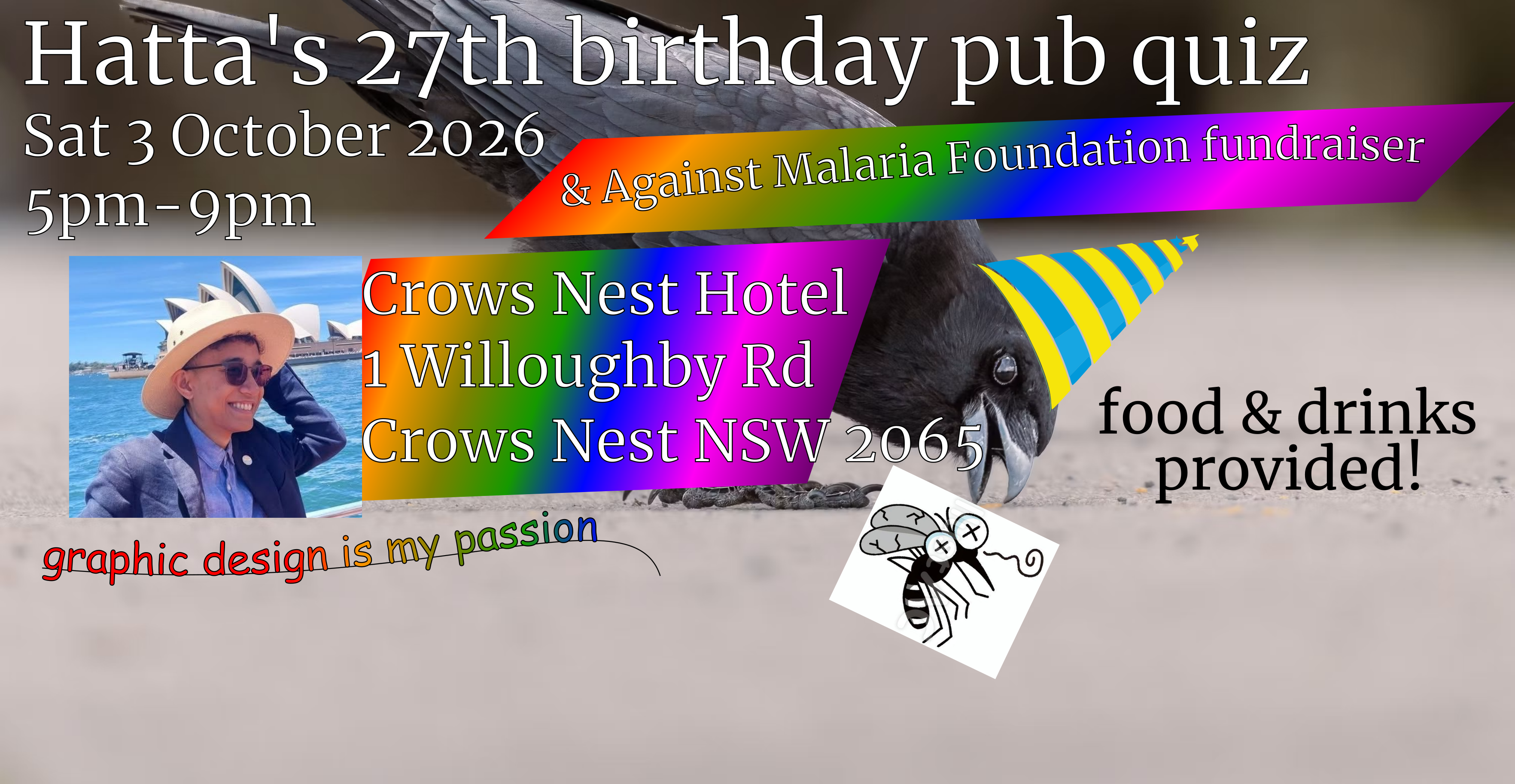 An advertisement for Hatta's 27th birthday pub quiz and fundraiser for the Against Malaria Foundation